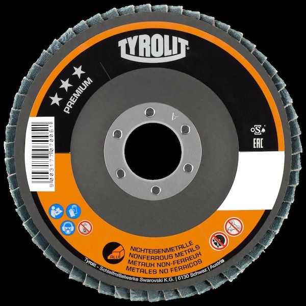Tryolit Abrasives TYROLIT Premium Fiber Backed Coated Flap Disc for Non-Ferrous Metals, 4-1/2" x 7/8", CA 80 Grit 707008 - main